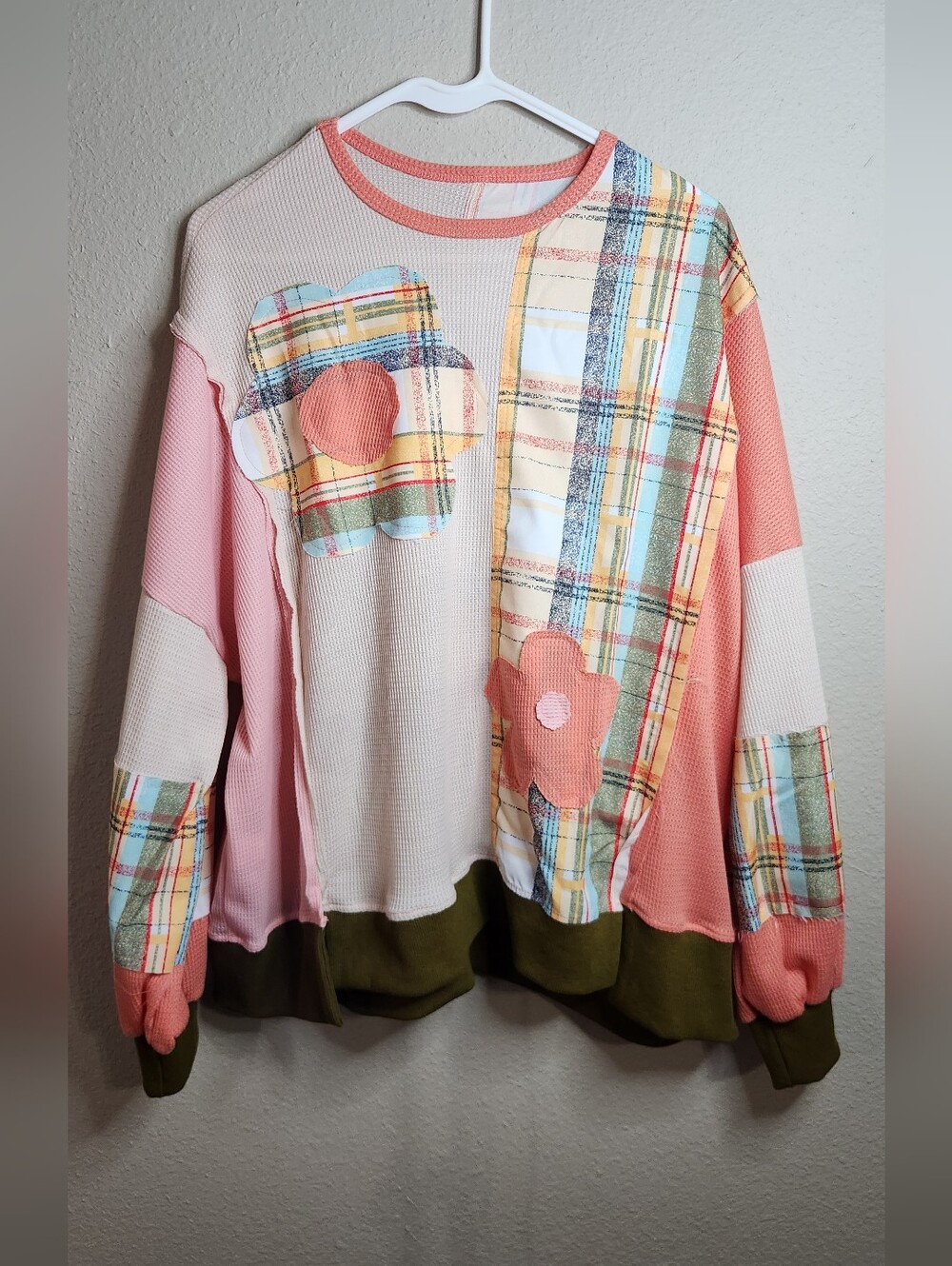 Patchwork Oversized Floral Plaid Waffle Knit Top Medium Boho Colorblock Shirt